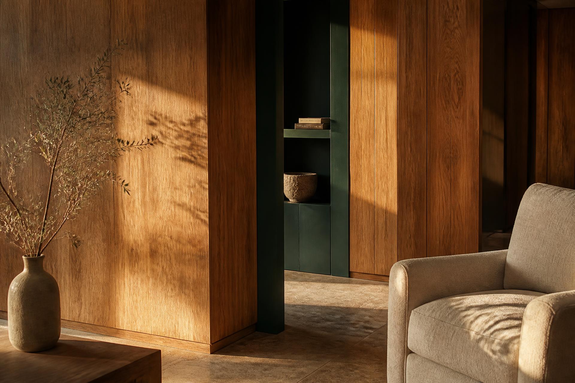A warm interior clad in natural oak panelling