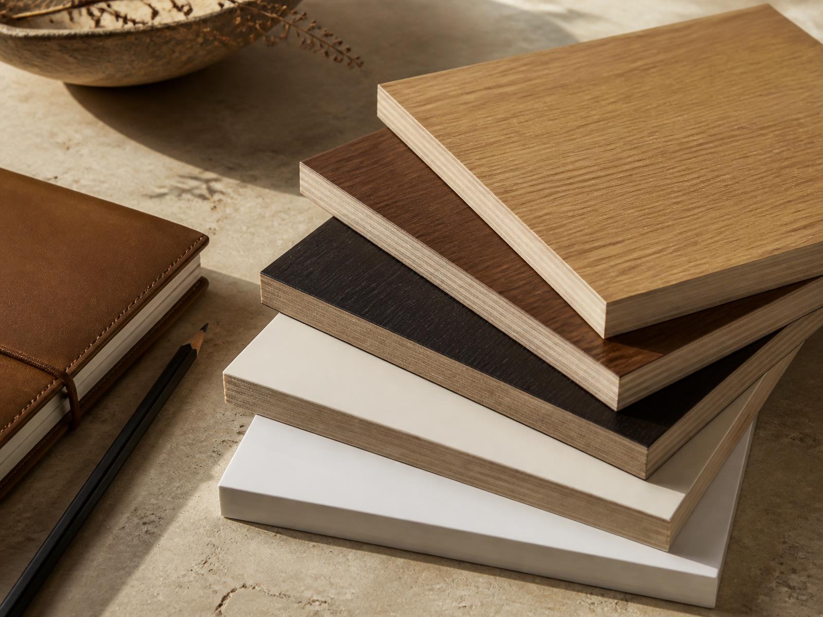 A stack of NAV•Ply panel samples with different surfaces