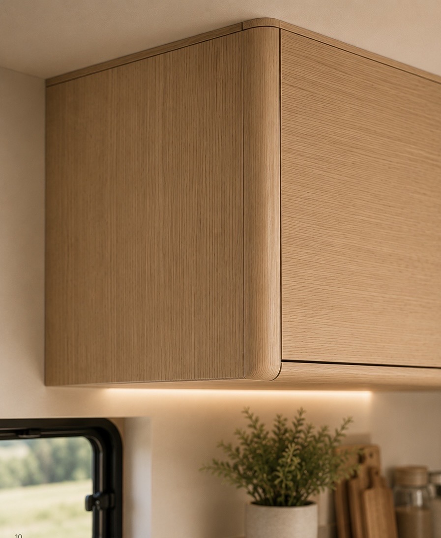 Rounded corner of a caravan wall cabinet built with NAV•Arc
